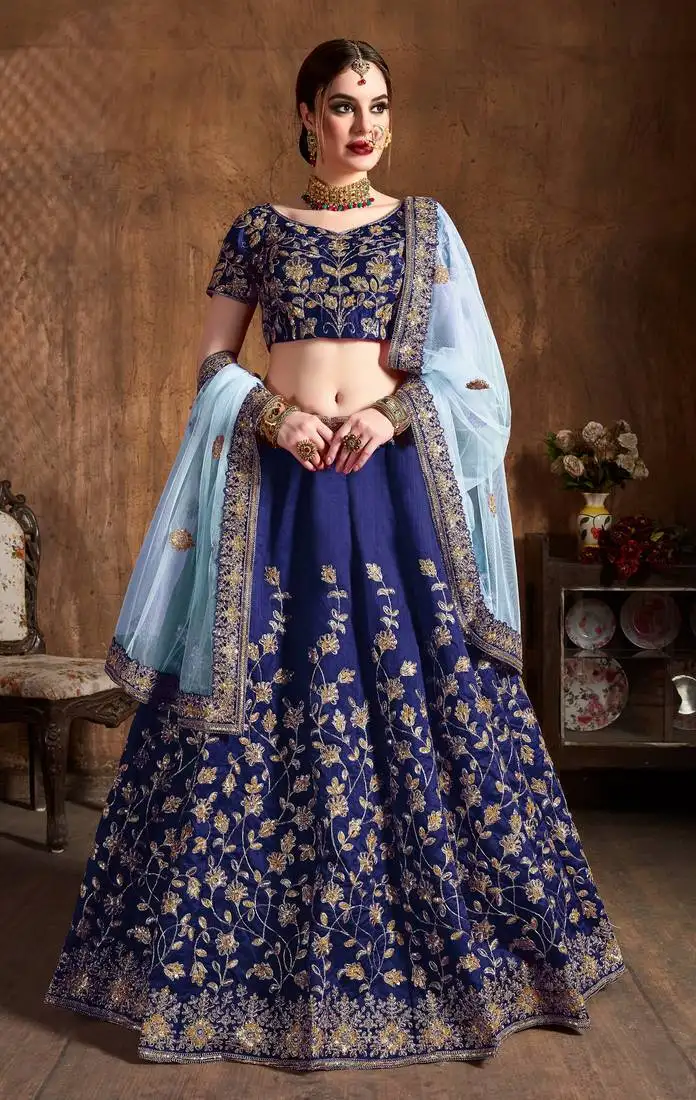 Navy blue embroidered silk semi stitched lehenga with dupatta