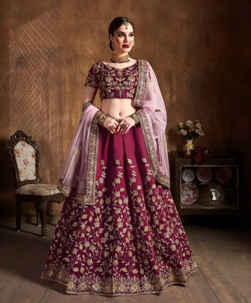 Pink embroidered silk semi stitched lehenga with dupatta