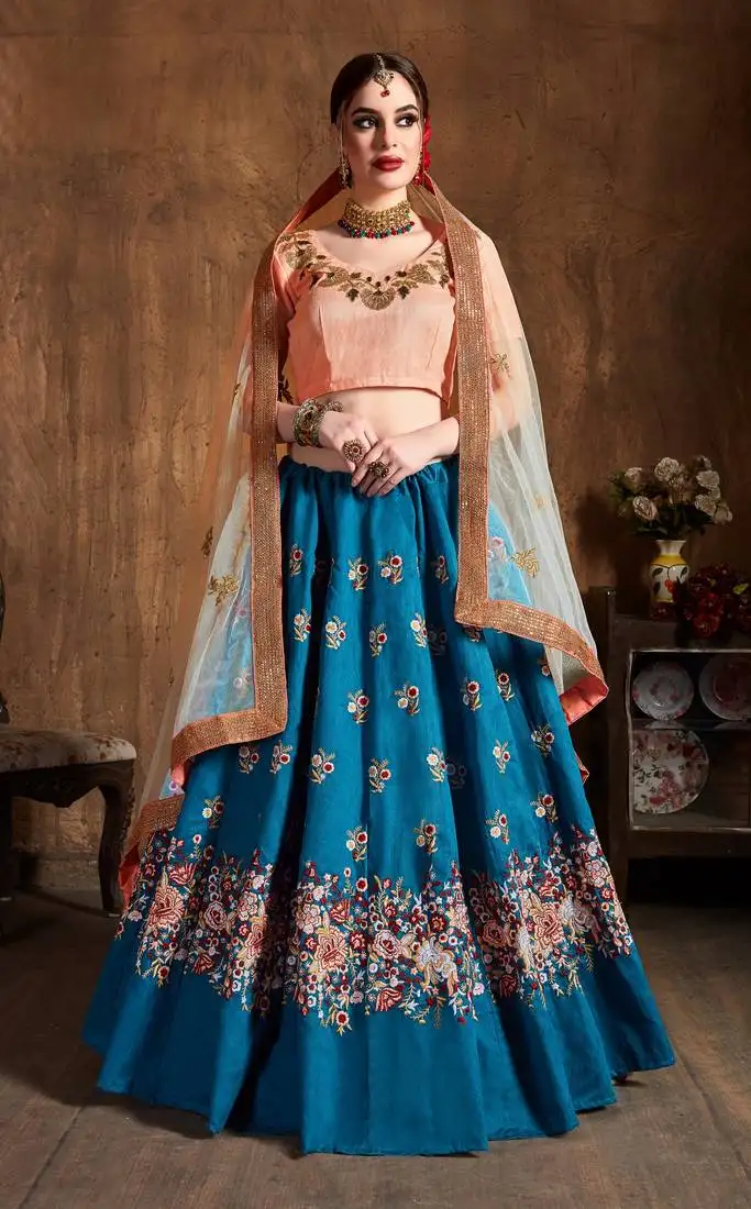 Teal blueembroidered silk semi stitched lehenga with dupatta