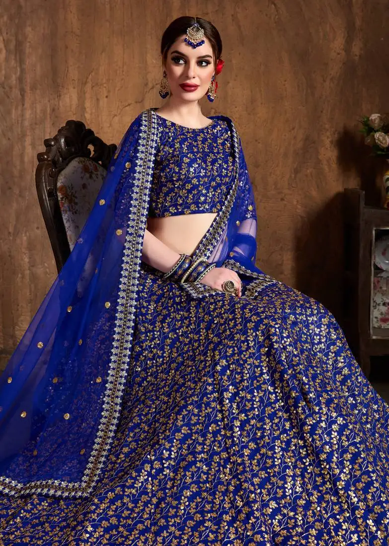 Royal blue embroidered silk semi stitched lehenga with dupatta