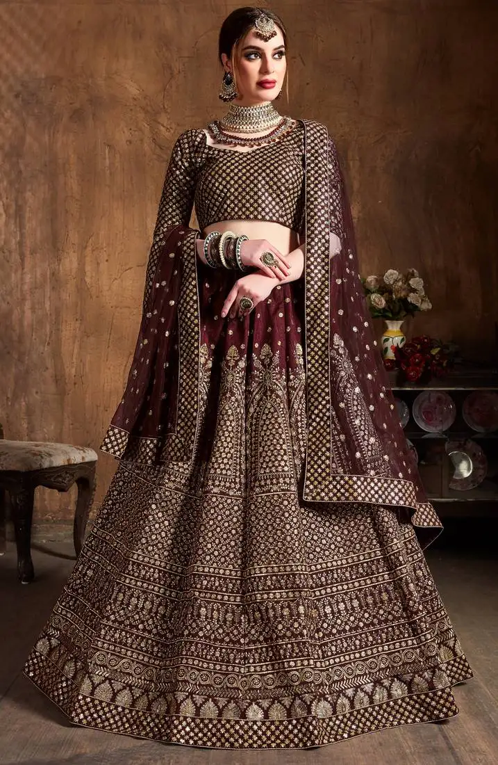 Maroon embroidered silk semi stitched lehenga with dupatta