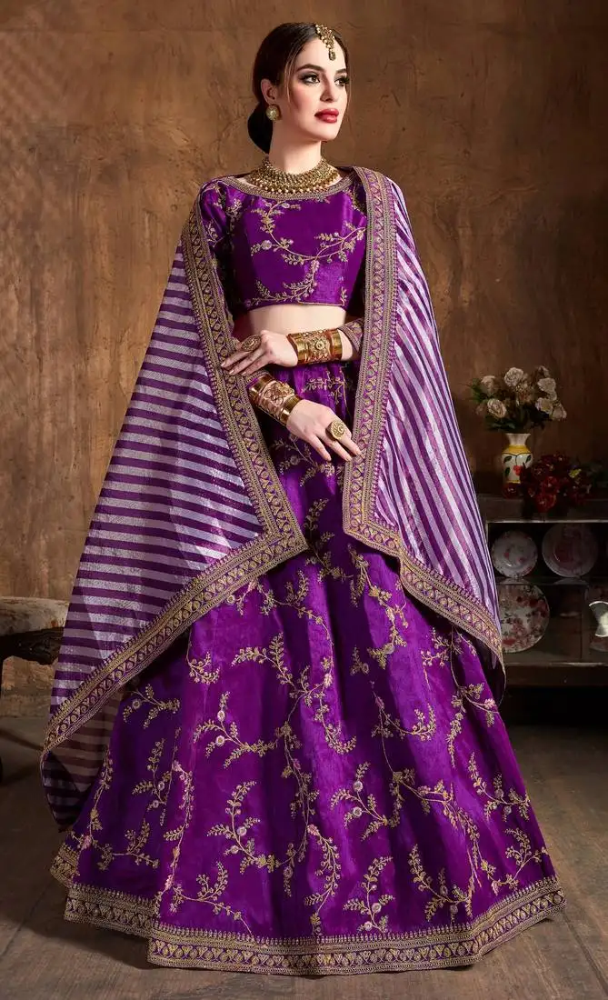 Purple embroidered silk semi stitched lehenga with dupatta