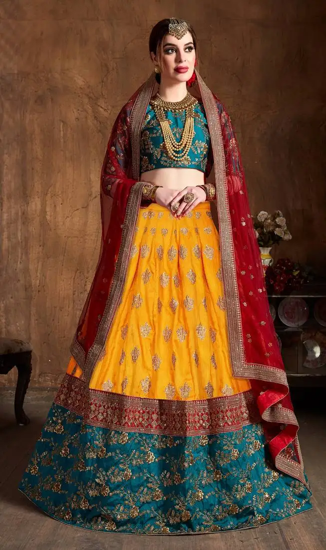 Yellow embroidered silk semi stitched lehenga with dupatta