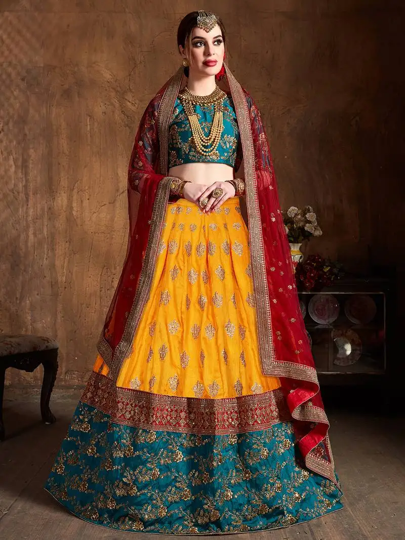 Yellow and green embroidered art silk wedding designer lehenga choli for women
