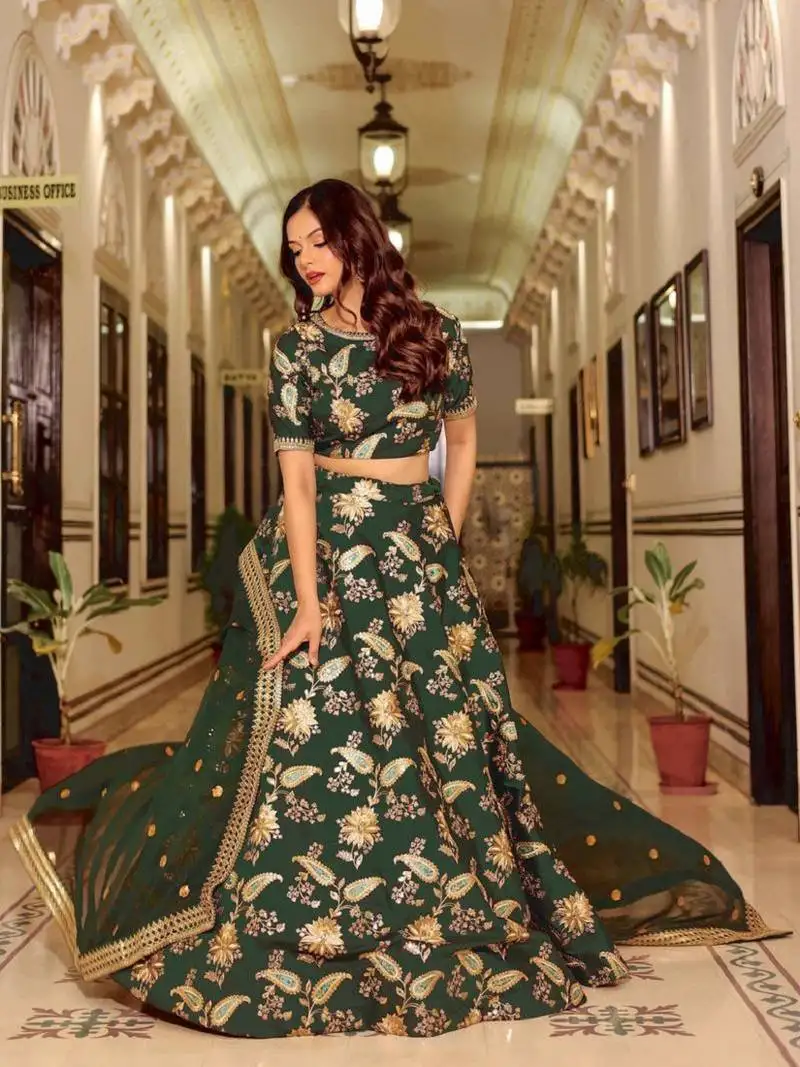 Enchanting bottle green zari work art silk wedding wear lehenga choli