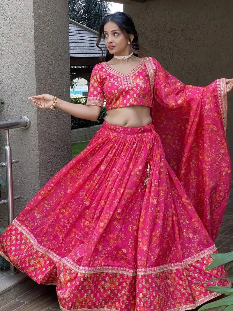 Wonderful pink floral printed organza lehenga choli with dupatta