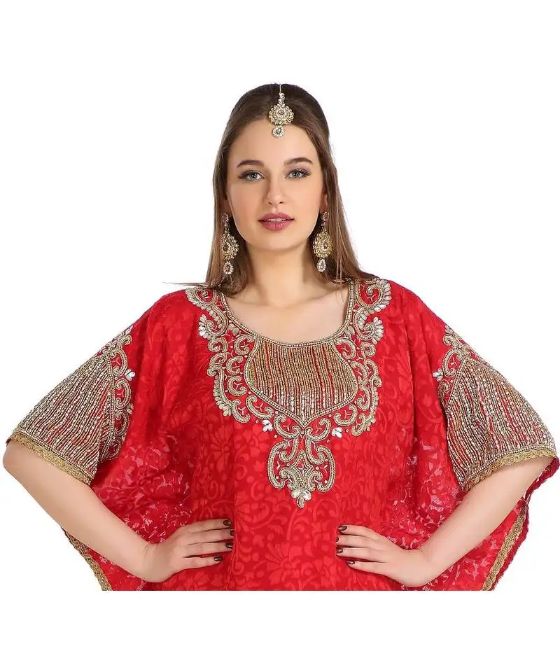 Red georgette embroidered zari work islamic kaftan