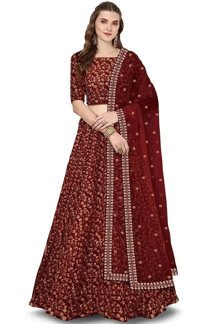 Maroon zari and heavy sequins embroidered art silk lehenga choli for wedding