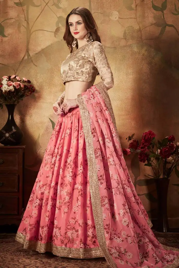 Meghalya organza floral print embroidered pink lehenga choli set