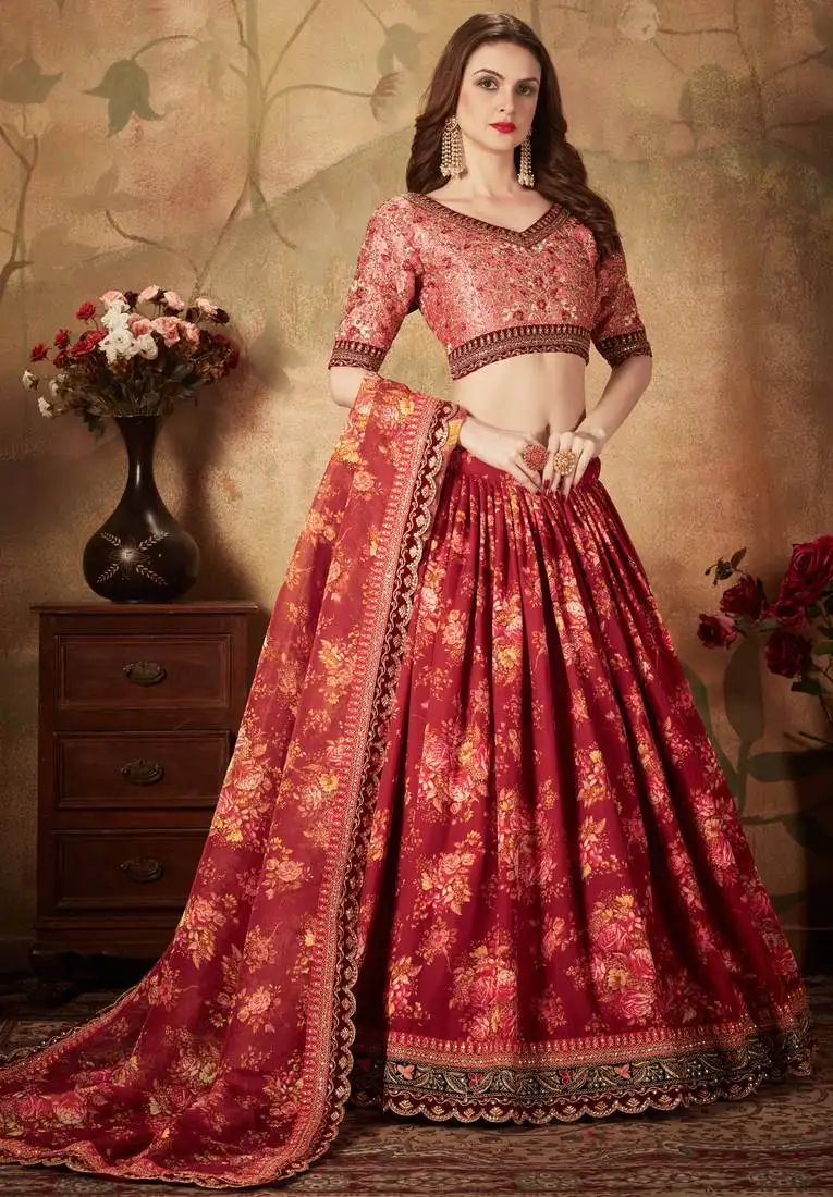 Maroon & peach colored dori zari and sequins embroidered & digital floral printed organza party wear lehenga