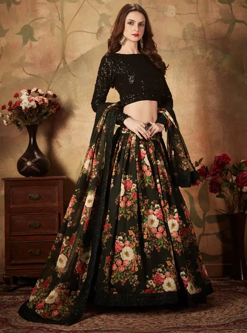 Black sequins resham zari and dori embroidered organza floral designer lehenga choli