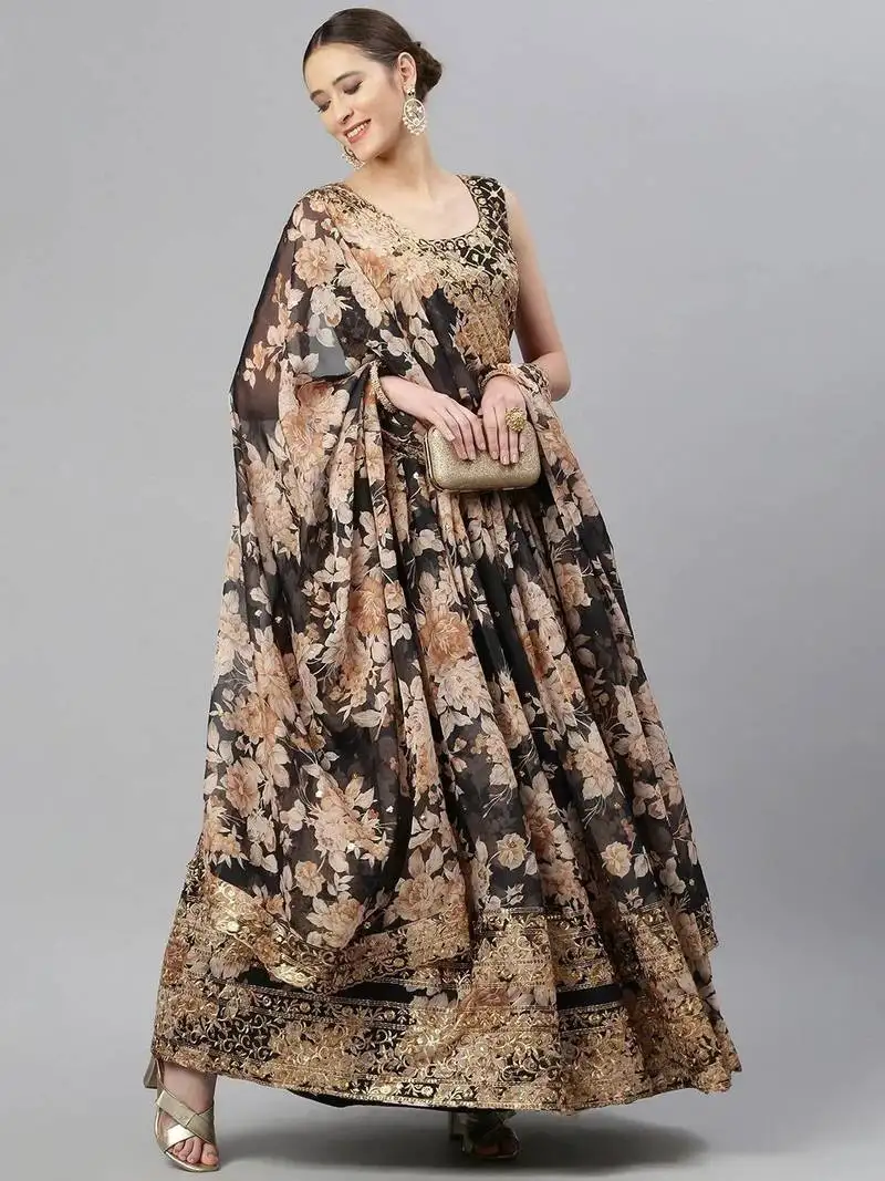 Black & beige embellished sequinned semi-stitched lehenga & unstitched blouse