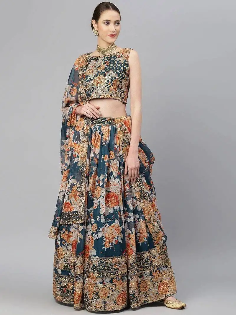 Blue & peach-coloured embellished sequinned embroidered indian wedding designer lehenga