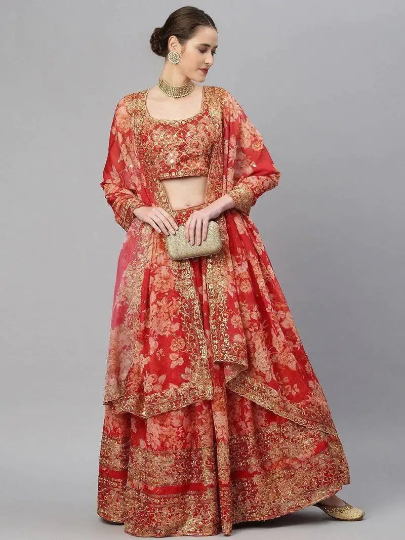 Red & gold-toned embellished sequinned semi-stitched lehenga choli