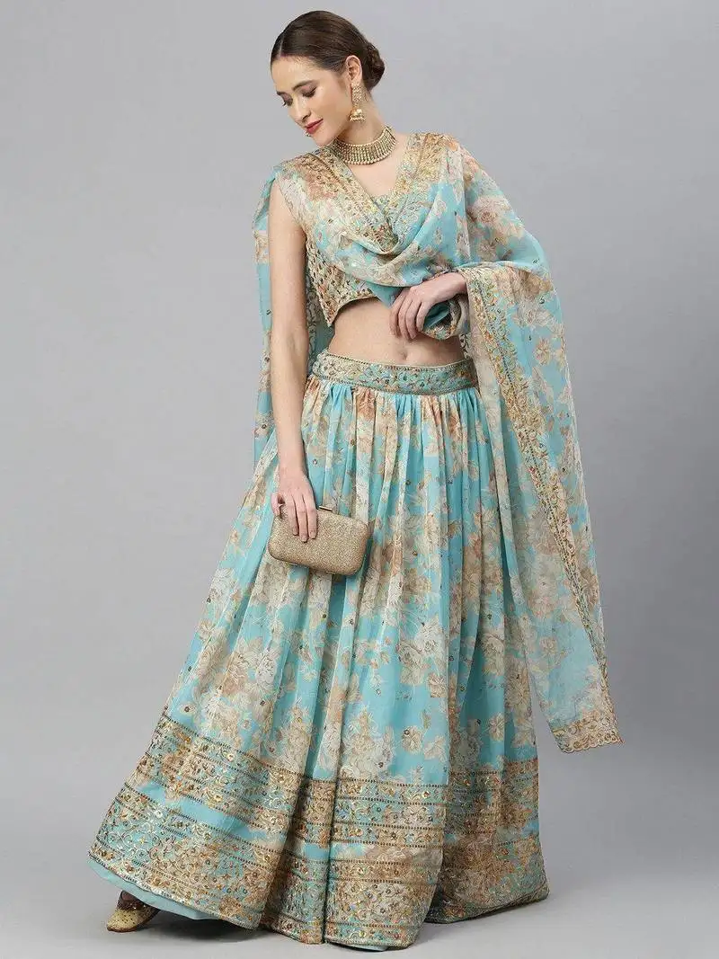 Blue & peach-coloured embellished sequinned embroidered indian wedding lehenga dress