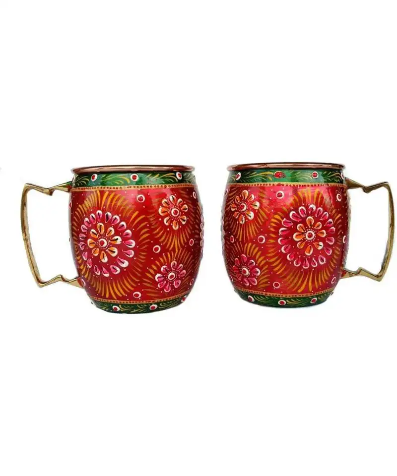 Handmade pure copper outer hand painted art work wine, vodka, beer,cocktail,juice, cold coffee mug - cup (2)
