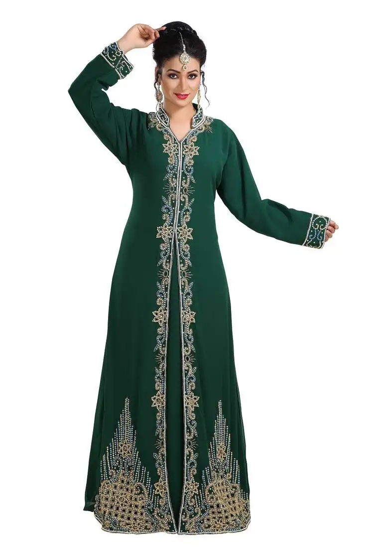 Bottle green hand embroidered georgette palestinian farasha