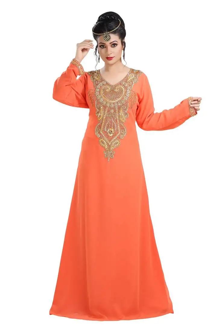 Orange hand embroidered georgette cocktail party gown