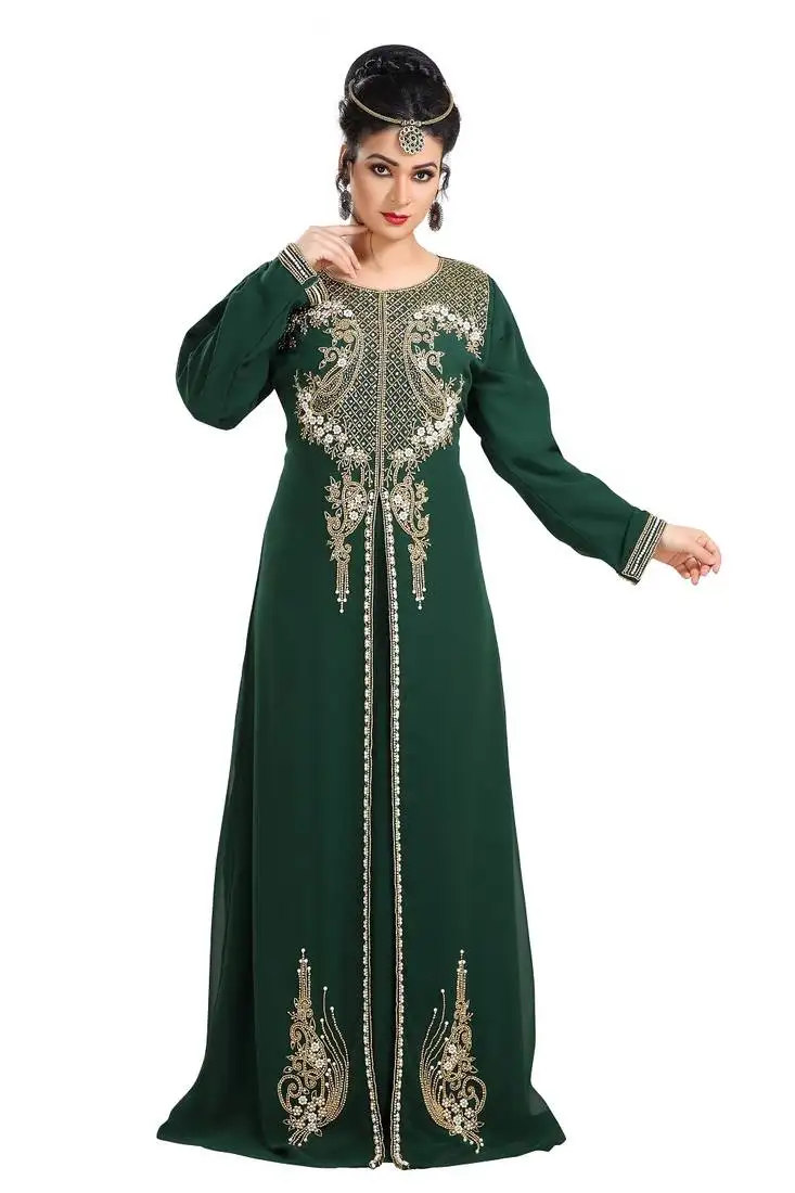 Bottle green hand embroidered georgette traditional kaftan