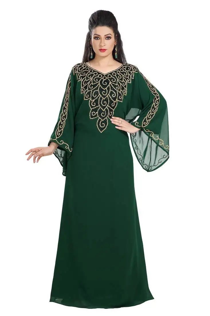Bottle green hand embroidered georgette kurdish dress