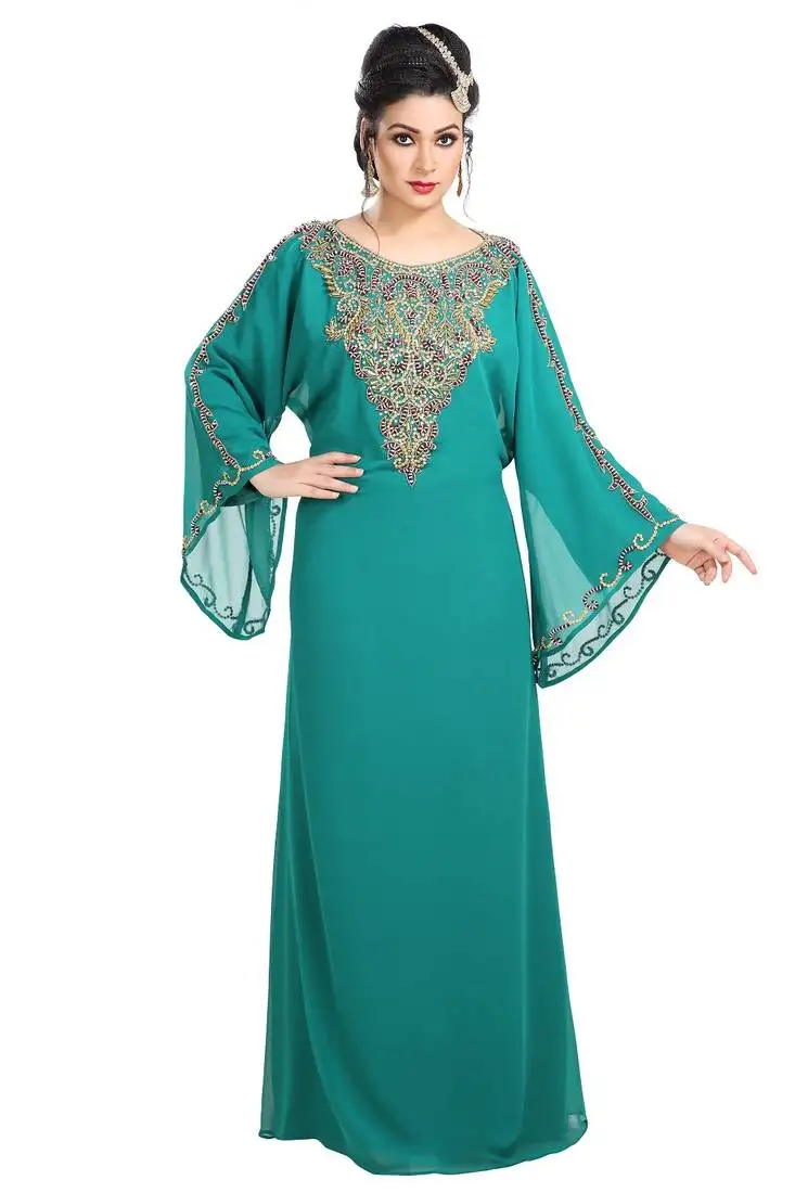 Dark phirozy hand embroidered georgette maghribi kaftan