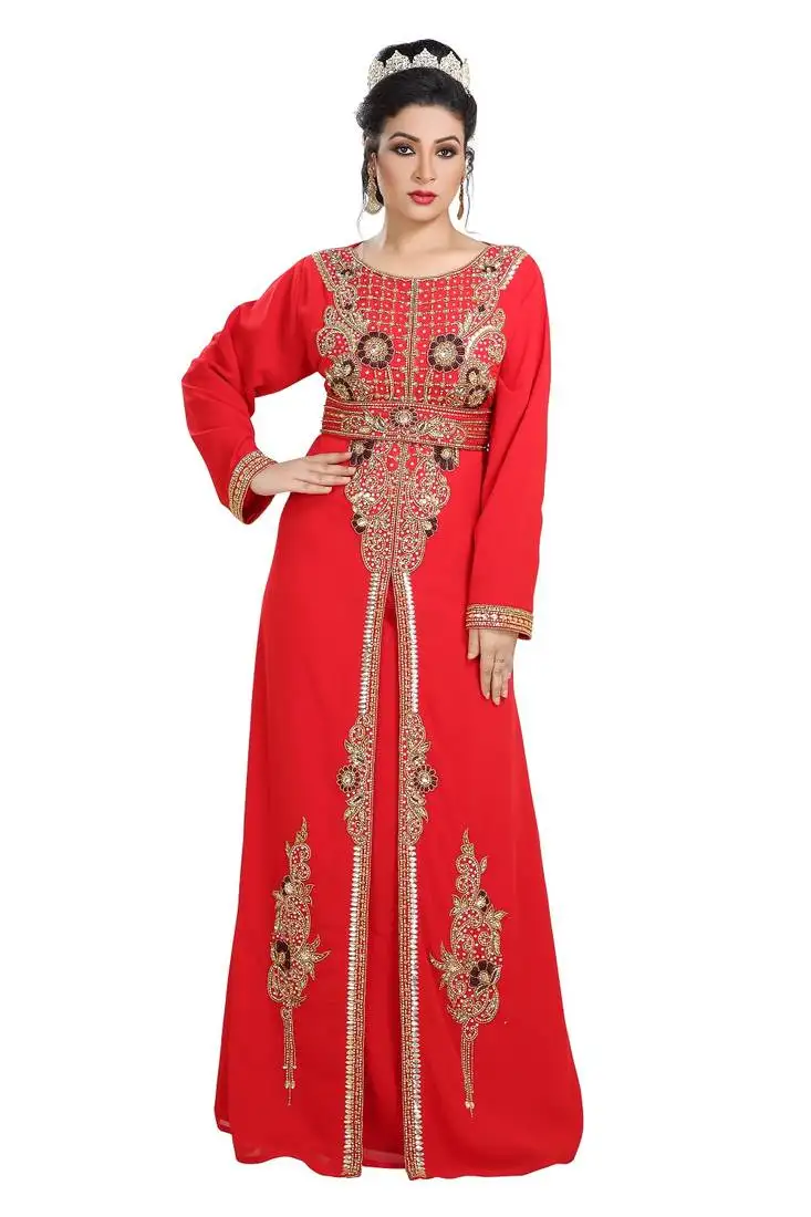 Red hand embroidered georgette traditional kaftan