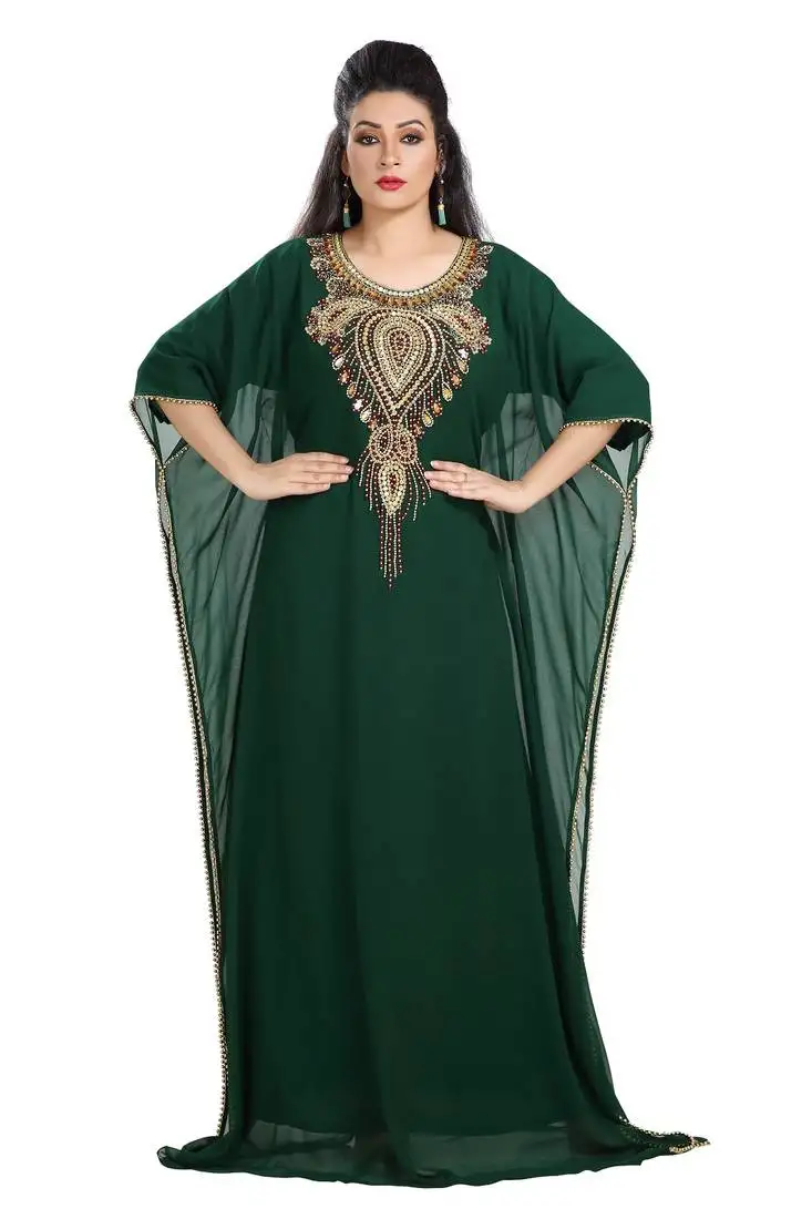 Bottle green hand embroidered georgette moroccan kaftan