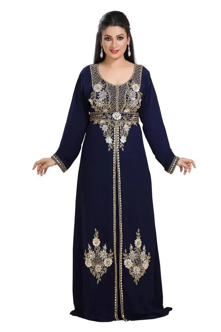 Dark navy blue hand embroidered georgette maghribi kaftan