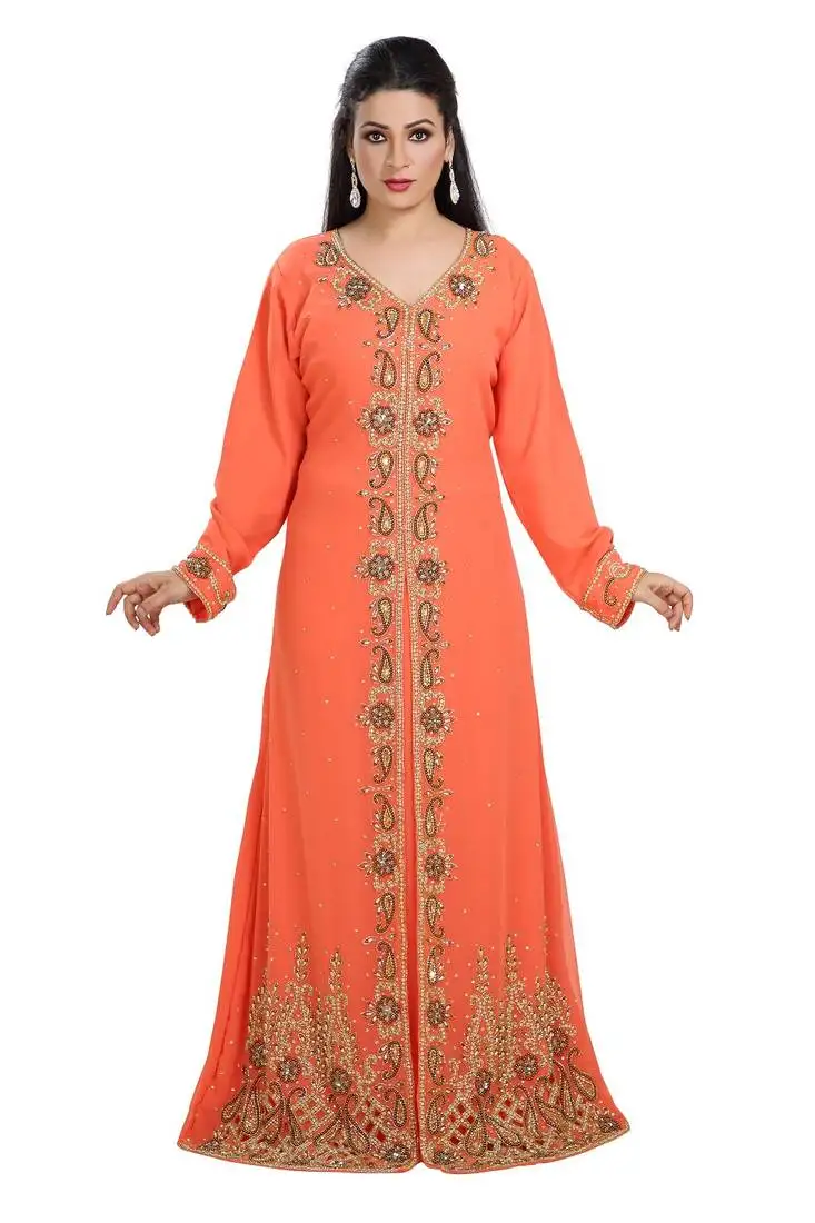 Orange hand embroidered georgette palestinian kaftan
