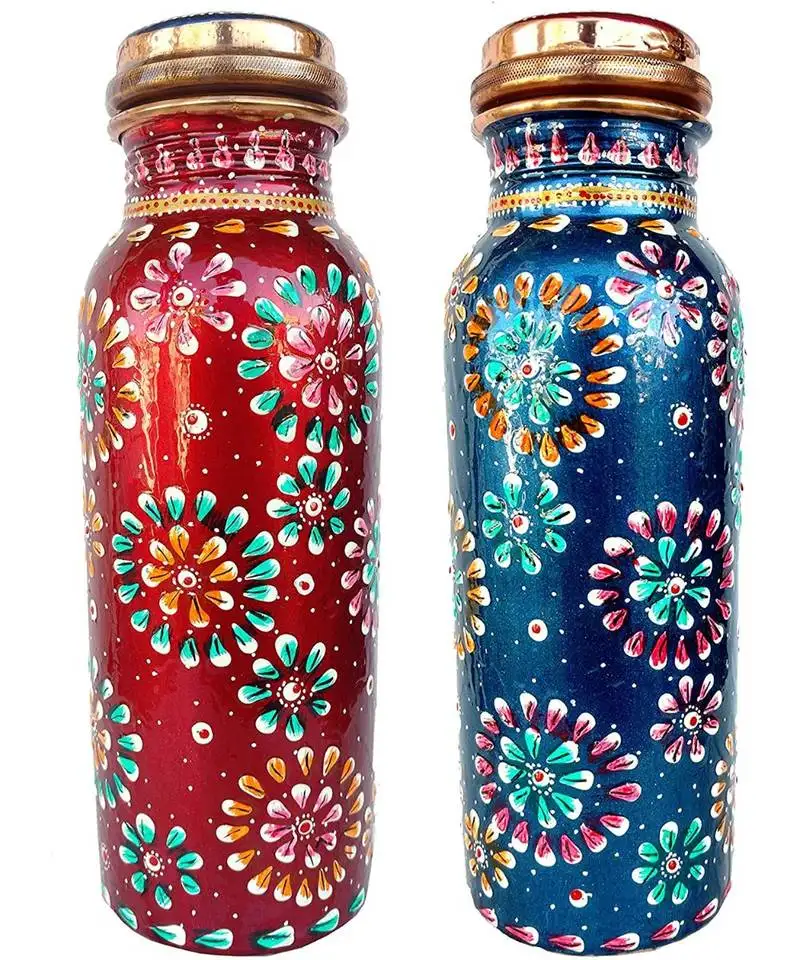 Capacity 500 ml pure copper hand painted bottle for water storage blue & red set of 2