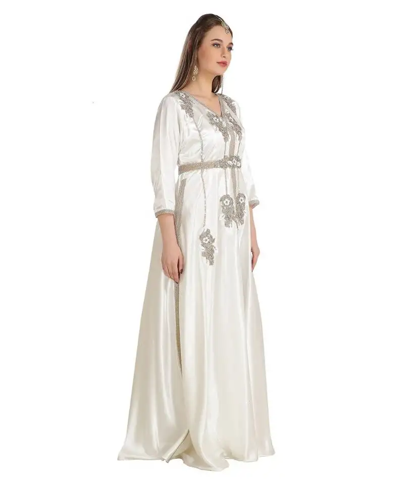 Cream satin embroidered zari work islamic kaftan