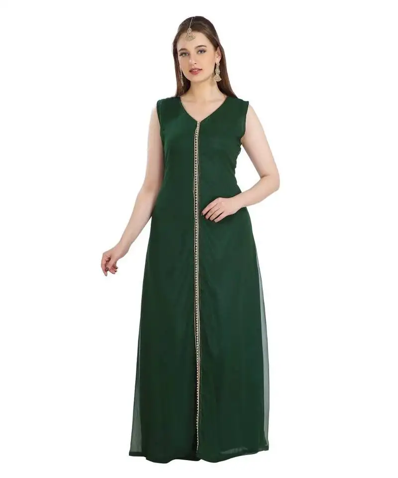 Green georgette embroidered zari work islamic kaftan