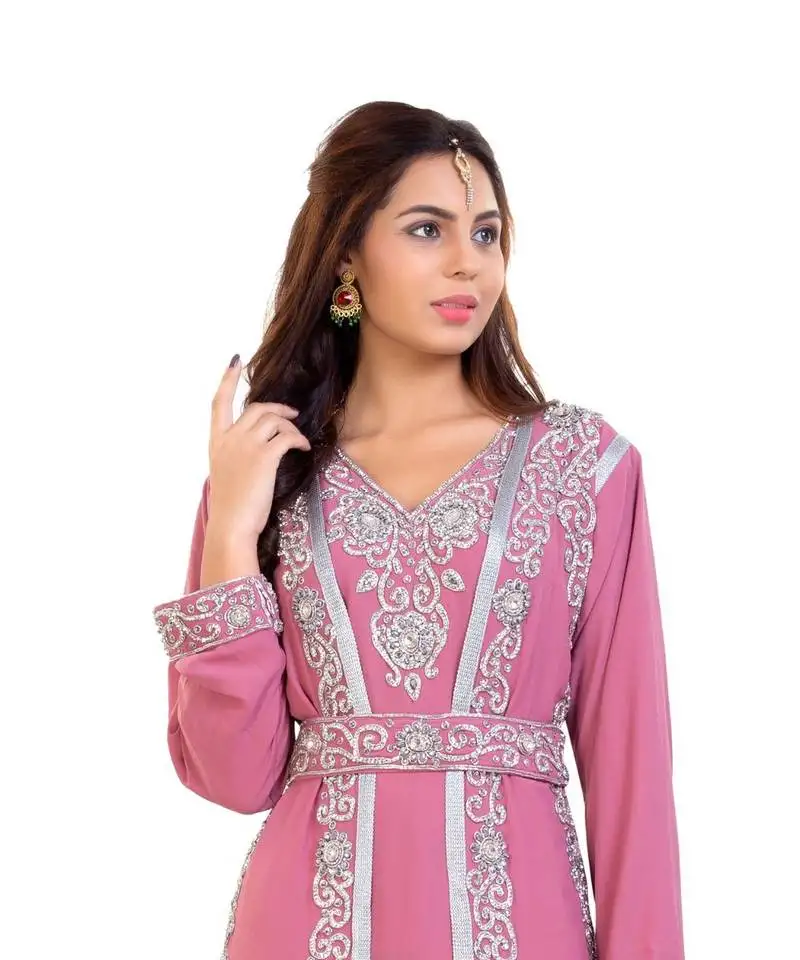 Pink georgette embroidered zari work islamic kaftan