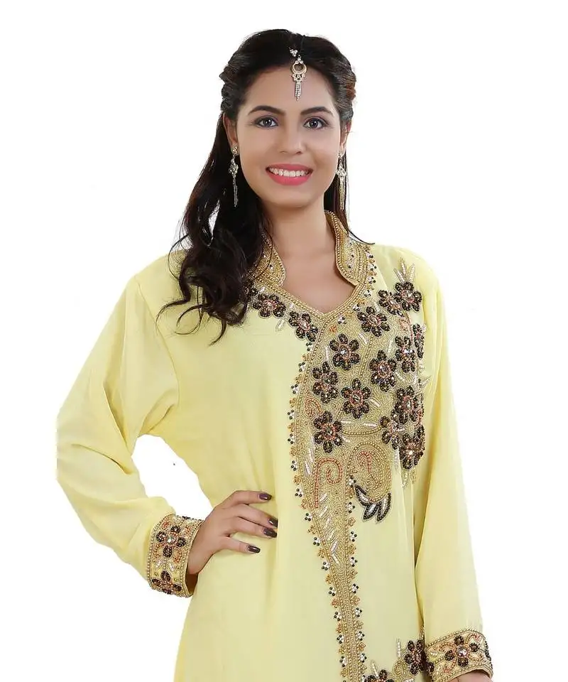 Yellow georgette embroidered zari work kaftan