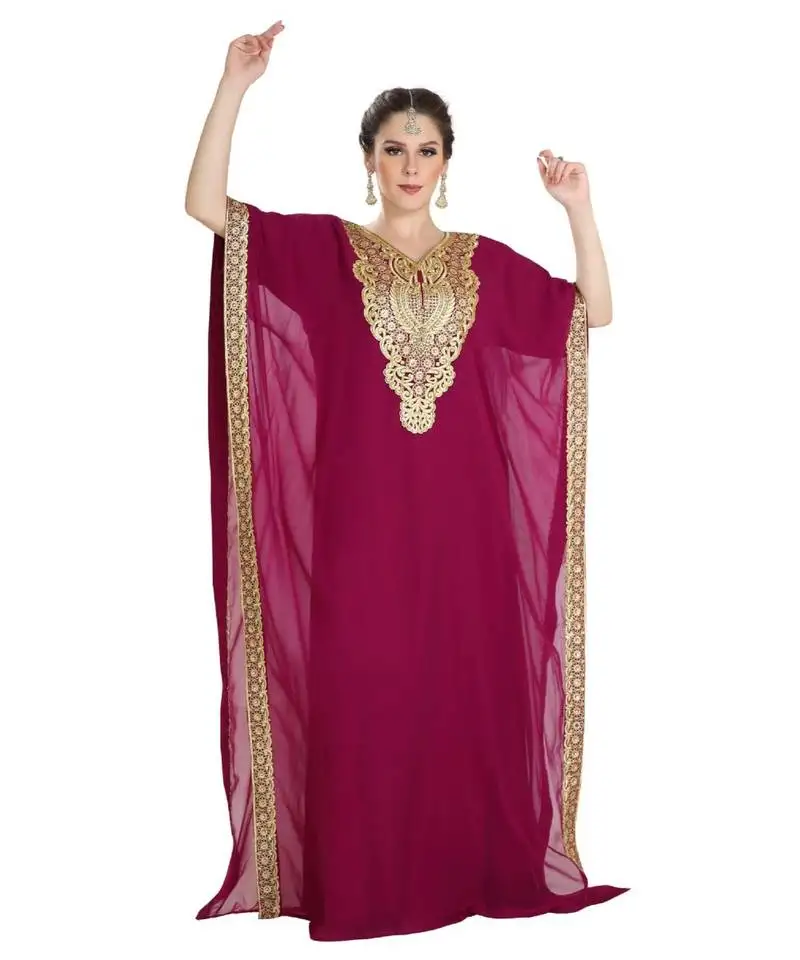Wine georgette embroidered zari work islamic kaftan