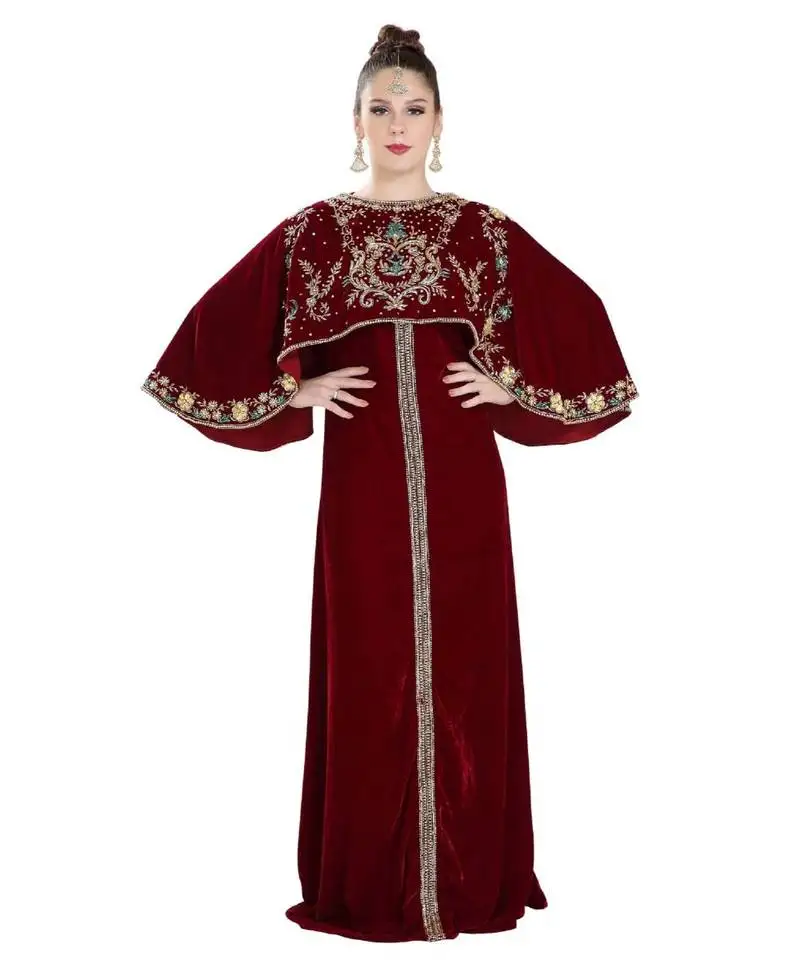 Maroon velvet embroidered zari work islamic kaftan