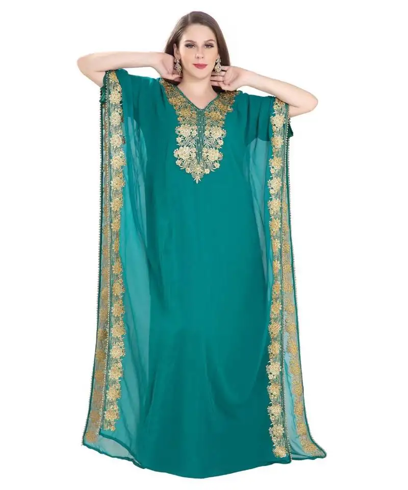 Turquoise georgette embroidered zari work islamic kaftan