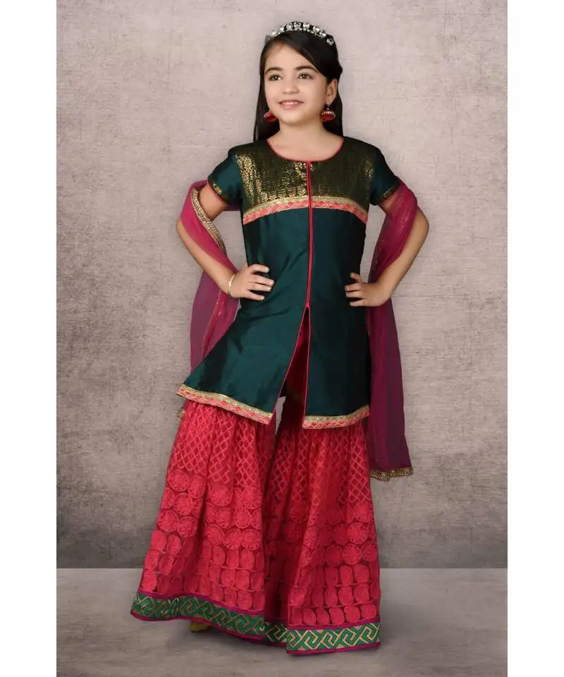 Green embroidered taffeta stitched kids salwar suits