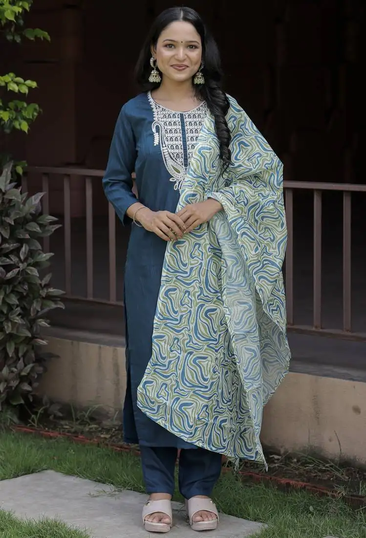 Elegant petrol blue kurta set with printed dupatta festive & ethnic wear collection stitched