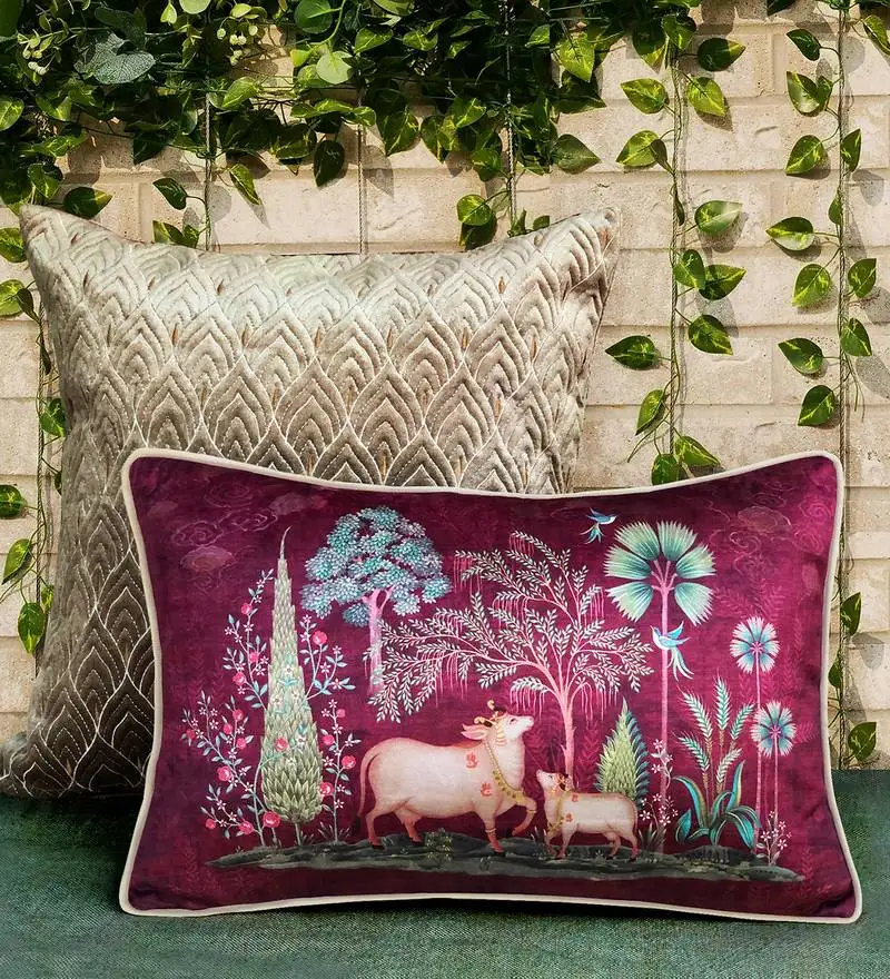 Pichwai ruby pillow sham 12x18 | designer lumbar cushion cover for home décor