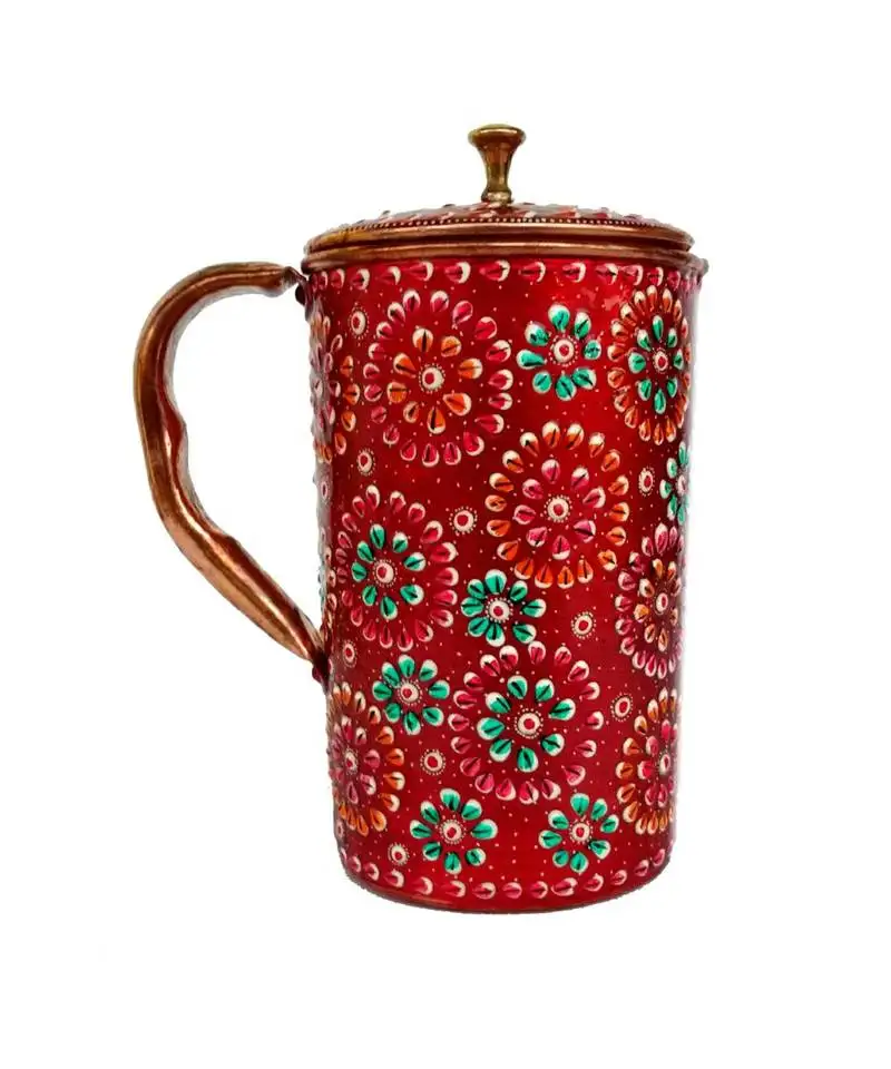 Pure copper jug - 2 glass drink ware set tableware pitcher outer red stone work ated tumbler (red jug)