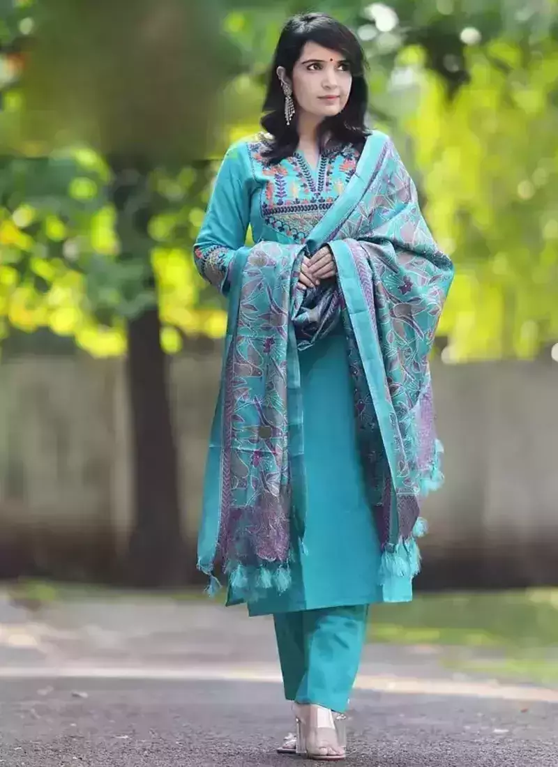 Sky blue embroidered cotton flex kurta and pant set with dupatta