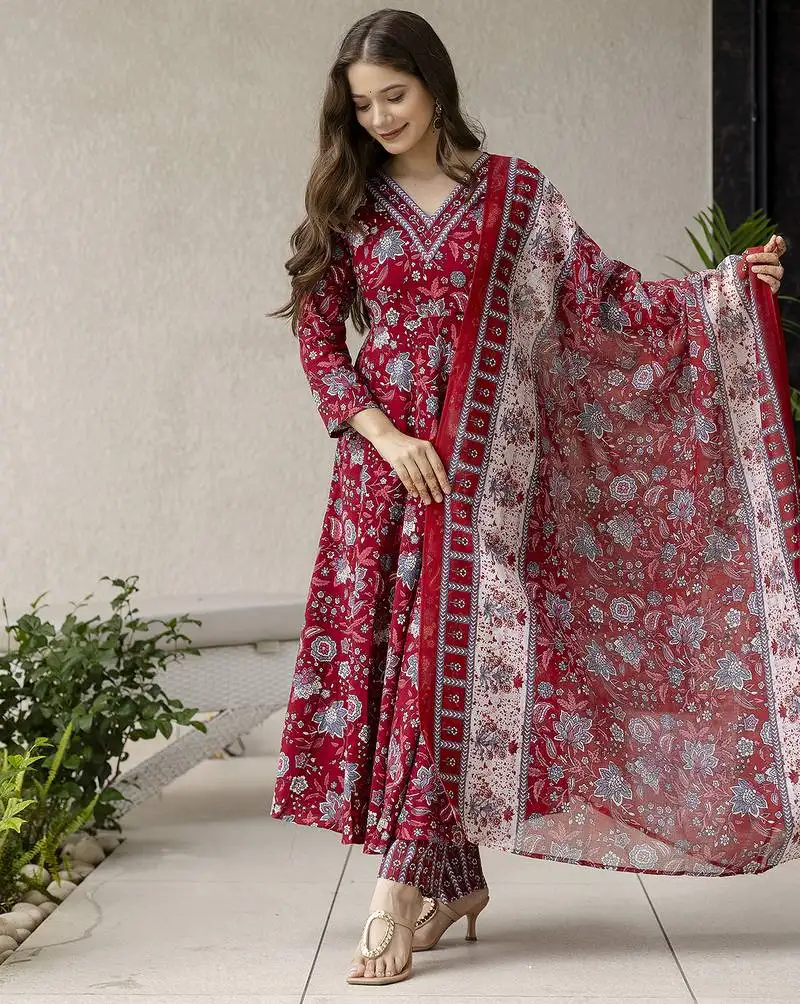 Women gorgeous rayon fabric printed work flared kurta, pant and dupatta set