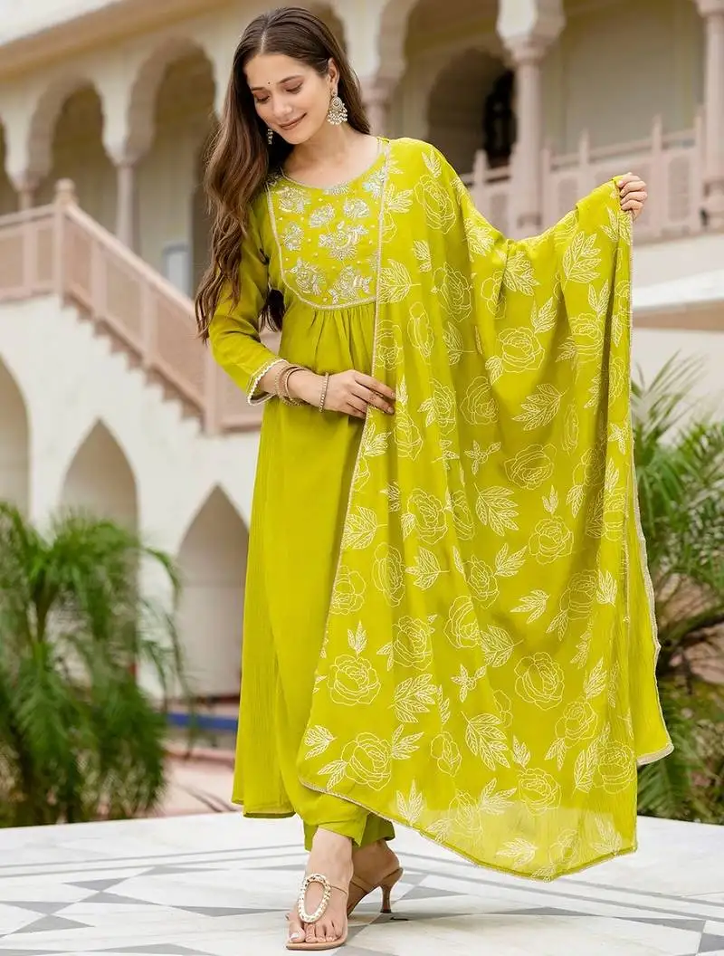 Women beautiful embroidery work chinon fabric with flared kurta, pant and dupatta set