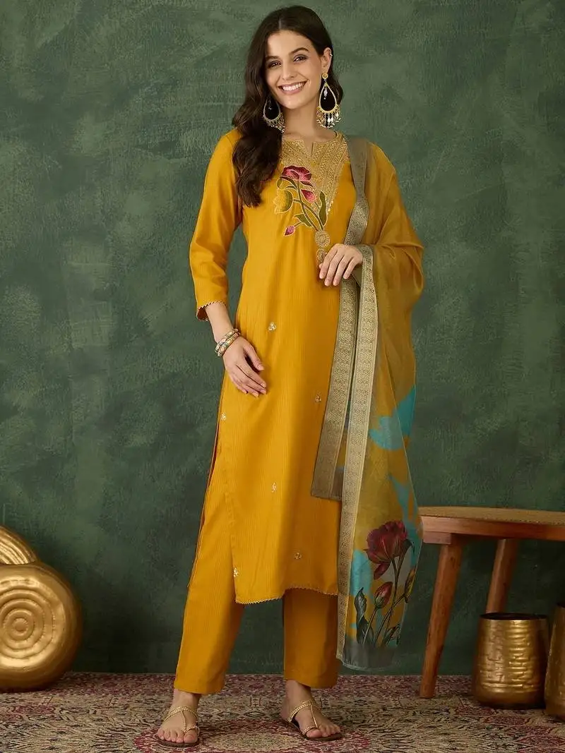 Women beautiful rayon fabric embroidery work straight kurta, pant and dupatta set