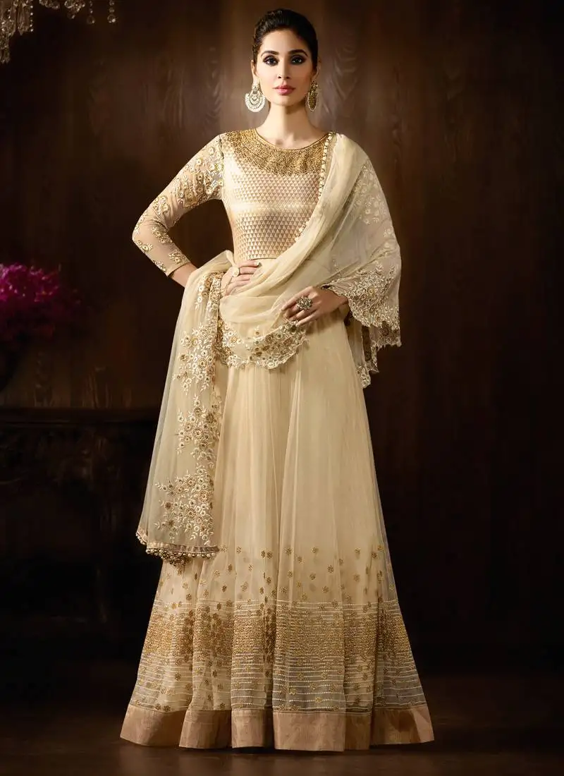 Cream net heavy embroidered semi stitched party wear gown anarkali