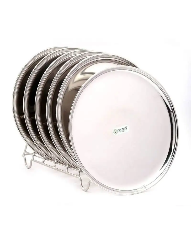 Coconut stainless steel kanchan bogi plate::Thali:: kumcha - pack of 6 (diameter 10 inch)
