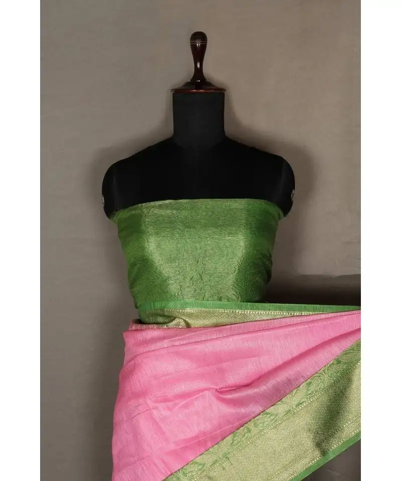 Pink handloom banarsi linen saree with blouse piece