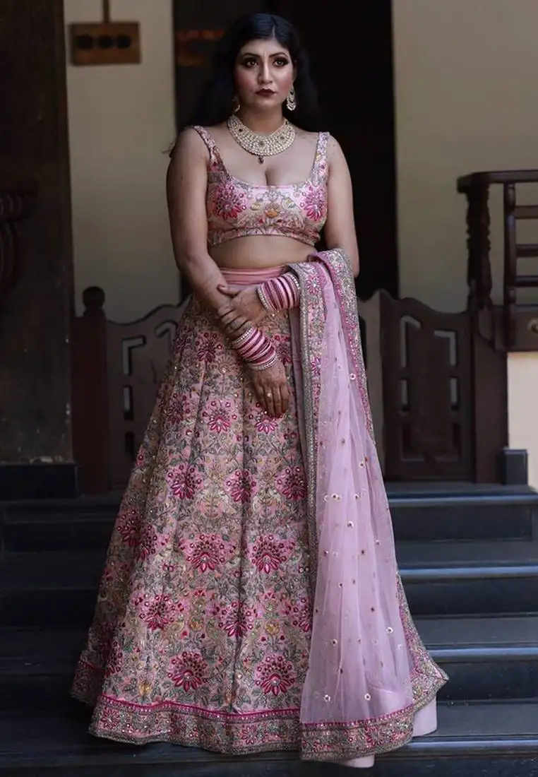 Baby pink dori zari and thread embroidered silk bridal lehenga