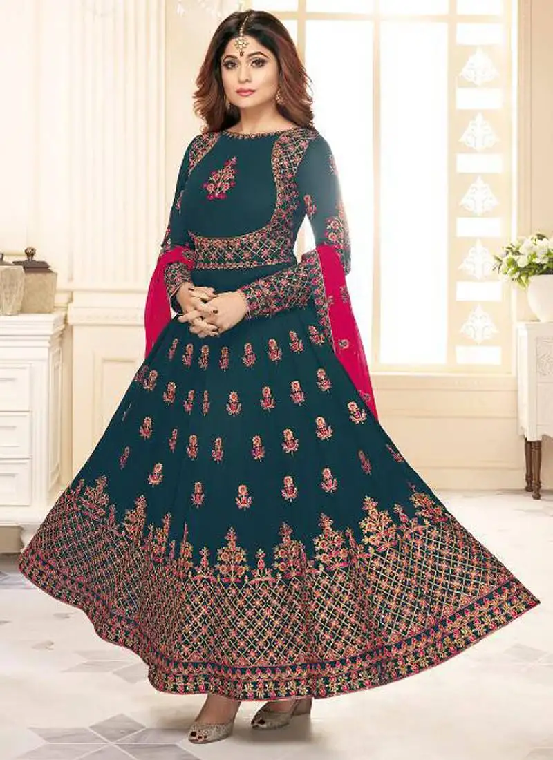 Teal blue georgette embroidered wedding wear designer semi-stiched suit semi stitched